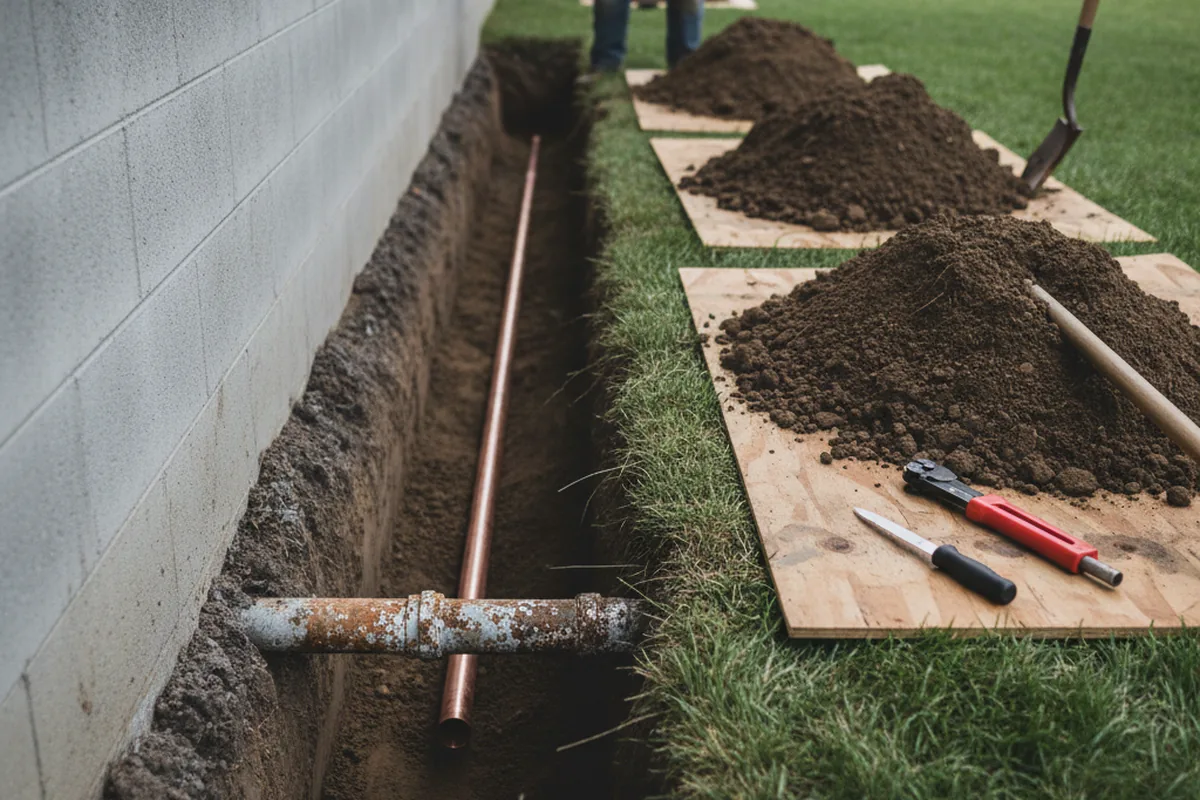 Excavated water line trench during Water Softener Installation in Dwarf